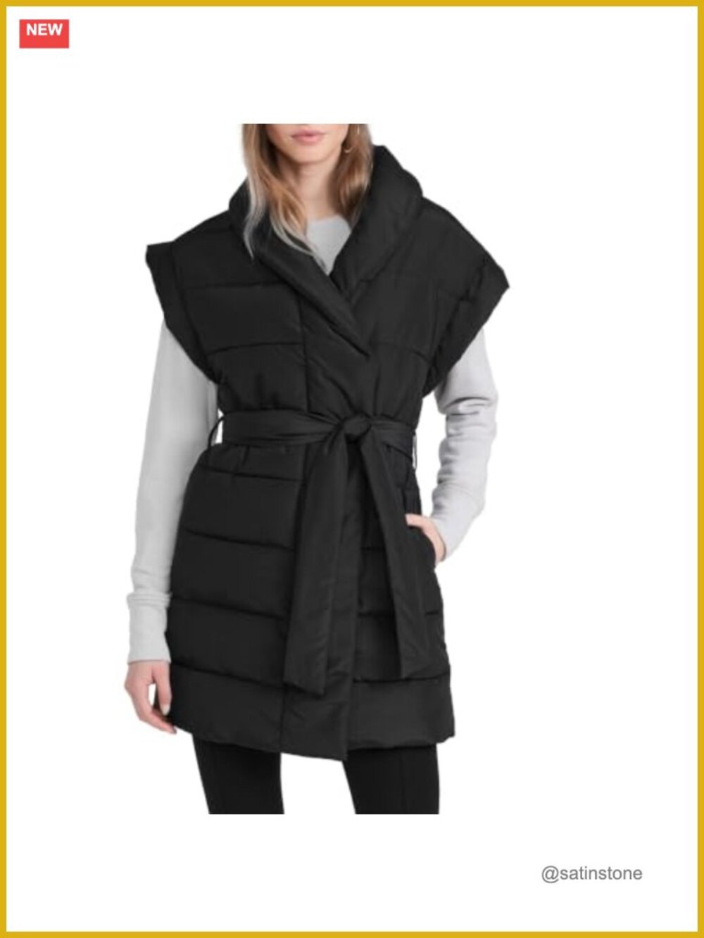 Oversized Long Puffer Vest Cap Sleeve Shawl Collar Button Down Belted